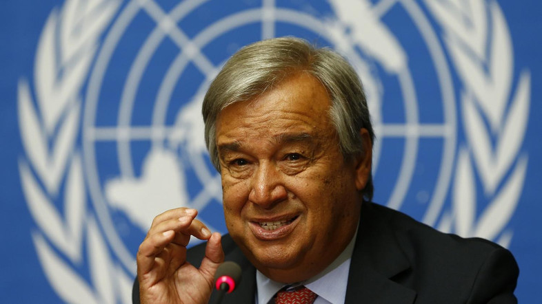 Guterres UN High Commissioner for Refugees gestures during a news conference at the UN in Geneva