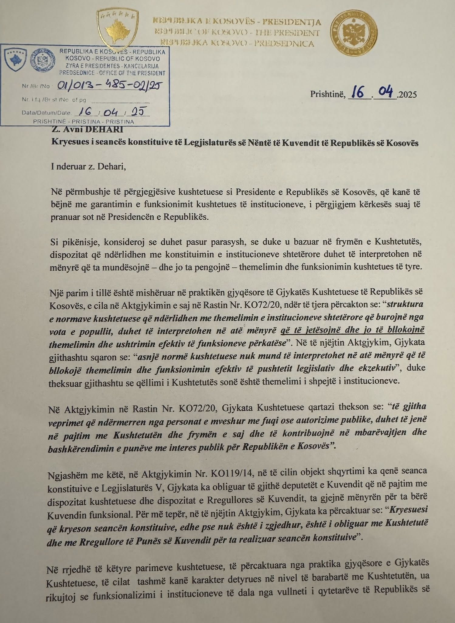 Presidentja Osmani i drejtohet me letër Kuvendit-1
