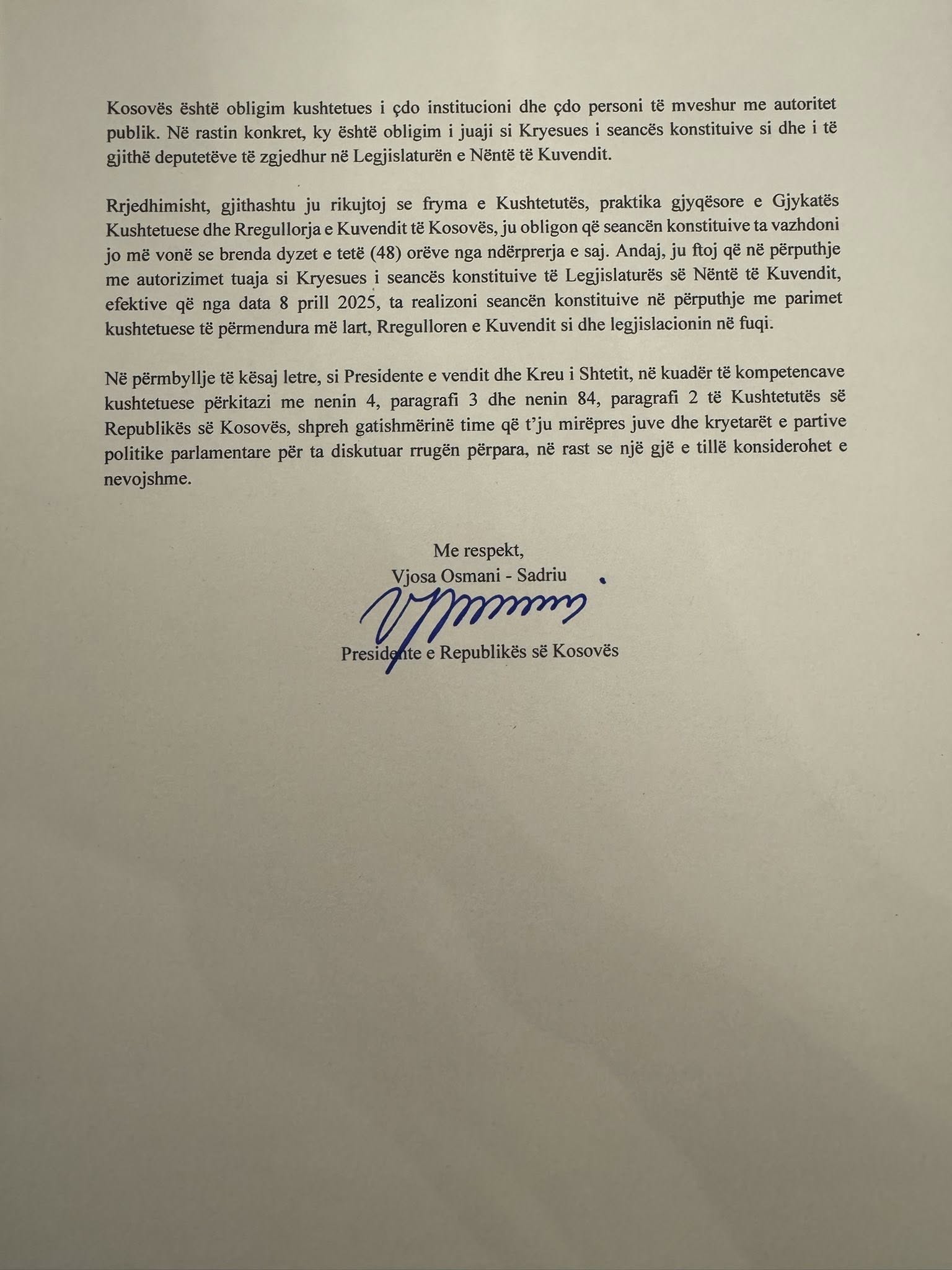 Presidentja Osmani i drejtohet me letër Kuvendit-2